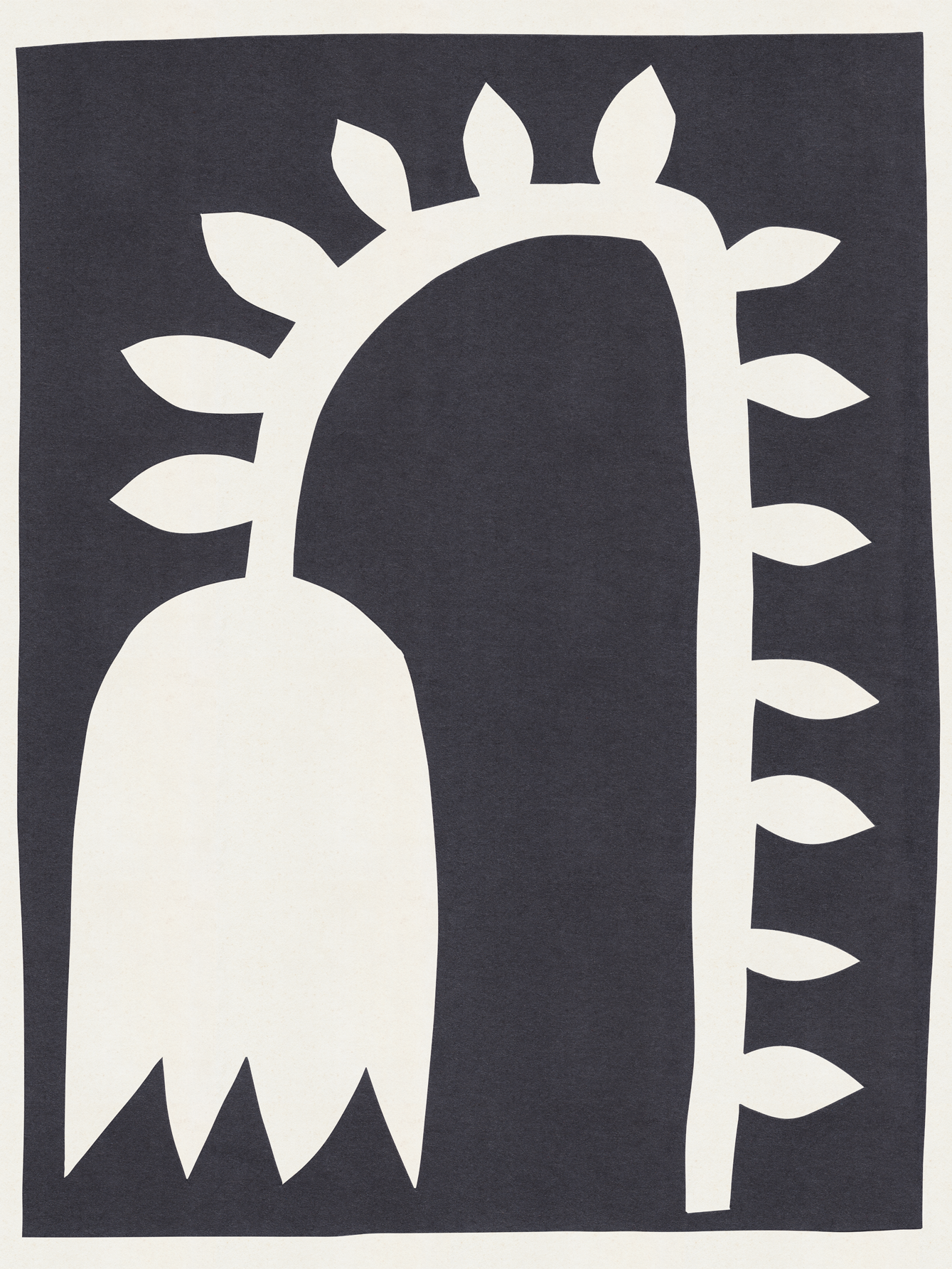 Schwarz-weiß-Illustration einer stilisierten Blume mit weißen Blütenblättern auf schwarzem Hintergrund.