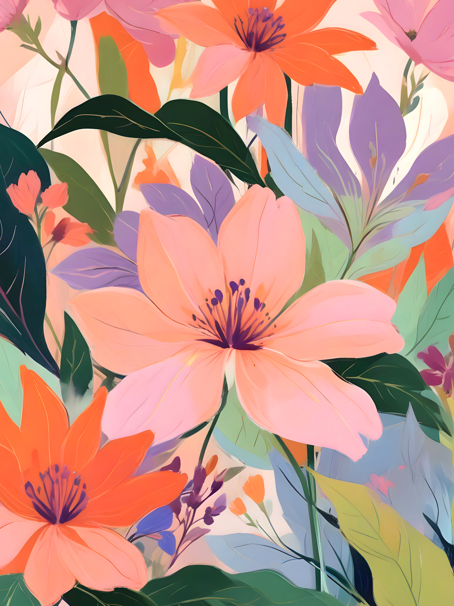 Illustration von bunten Blumen in Rosa, Orange, Lila und Grün.
