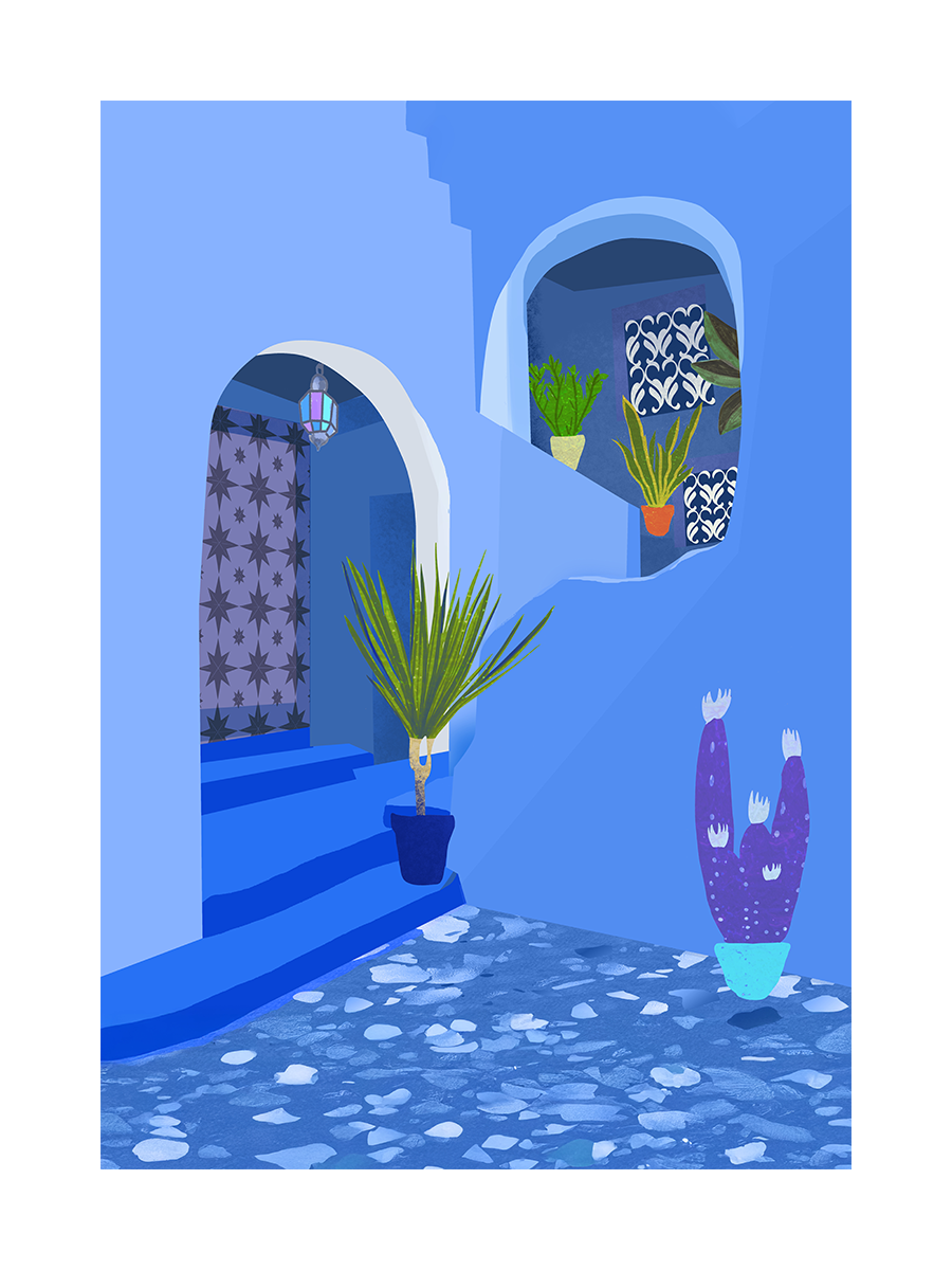 Illustration einer blauen Treppe mit grünen Pflanzen und mediterranem Flair.