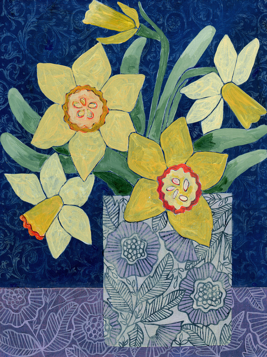 Blue Background Daffodils Poster
