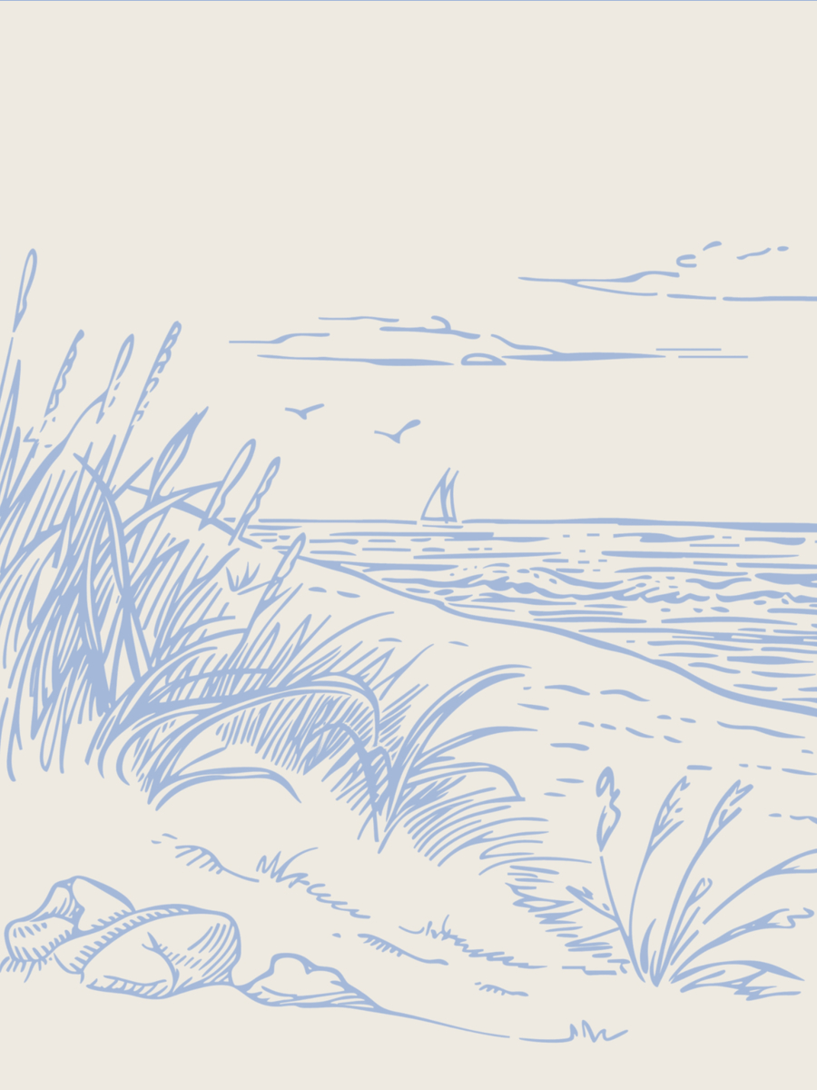 Illustration eines Strandes mit Boot im Meer in Blau auf beigem Hintergrund.