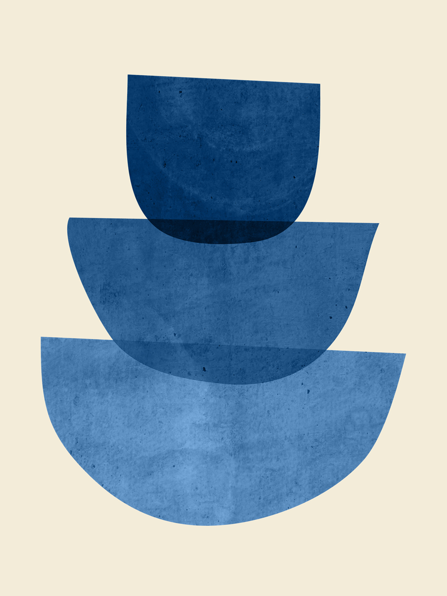 Grafische Illustration dreier blauer Schalen vor einem beigen Hintergrund.