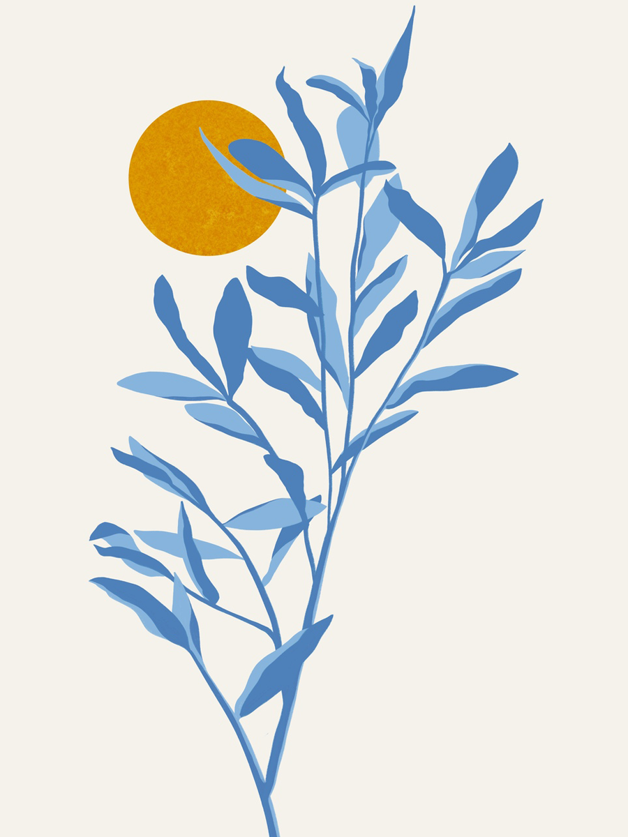 Grafische Illustration eines blauen Zweigs mit gelbem Kreis im Hintergrund.