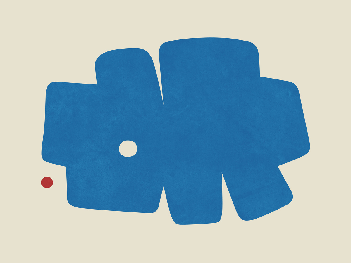 Grafische Illustration einer großen blauen Blume mit einem kleinen roten Punkt auf einem beigen Hintergrund.