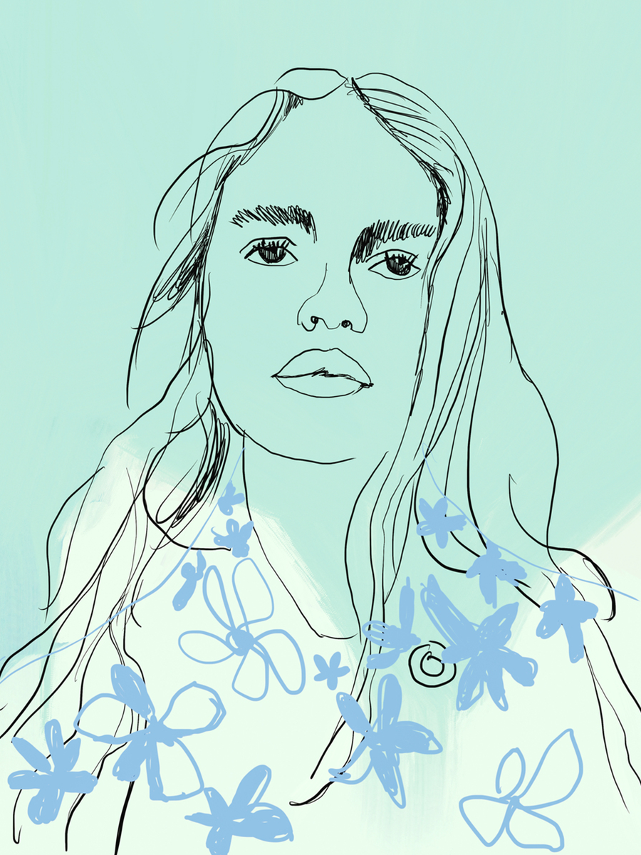 Linienzeichnung einer Frau mit blauen Blumen auf hellblauem Hintergrund.