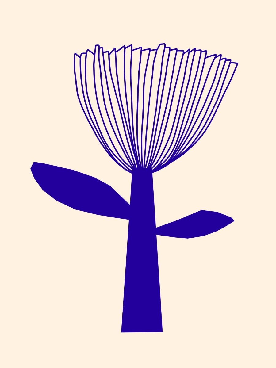 Grafische Illustration einer blauen Blume auf beigem Hintergrund.