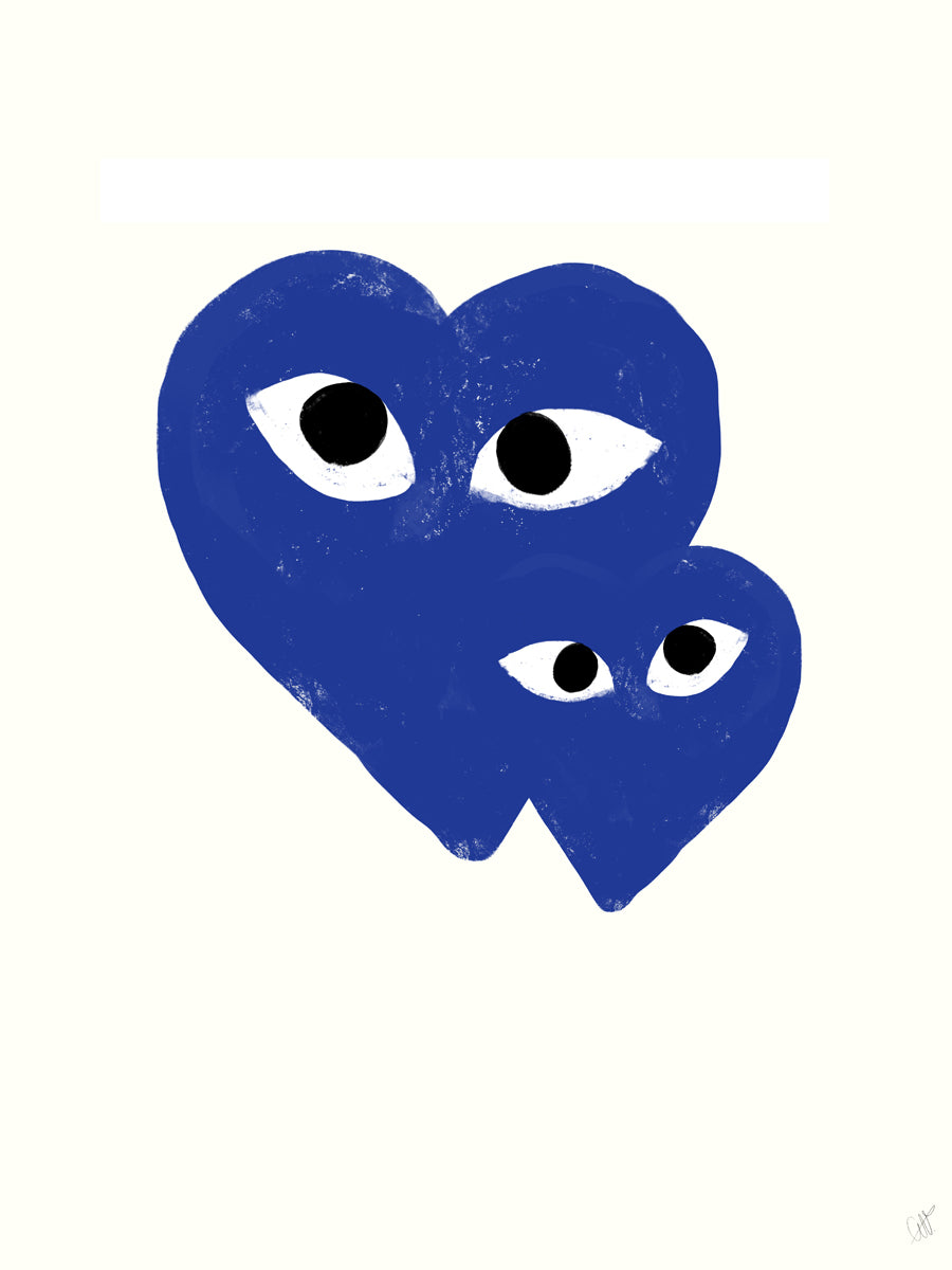 Grafische Illustration von zwei blauen Herzen mit Augen vor einem hellen Hintergrund.