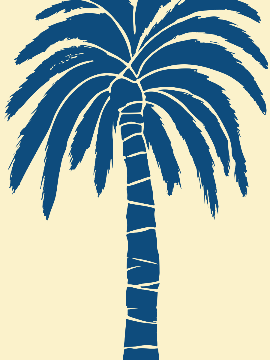 Grafische Illustration einer blauen Palme auf hellbeigem Hintergrund.