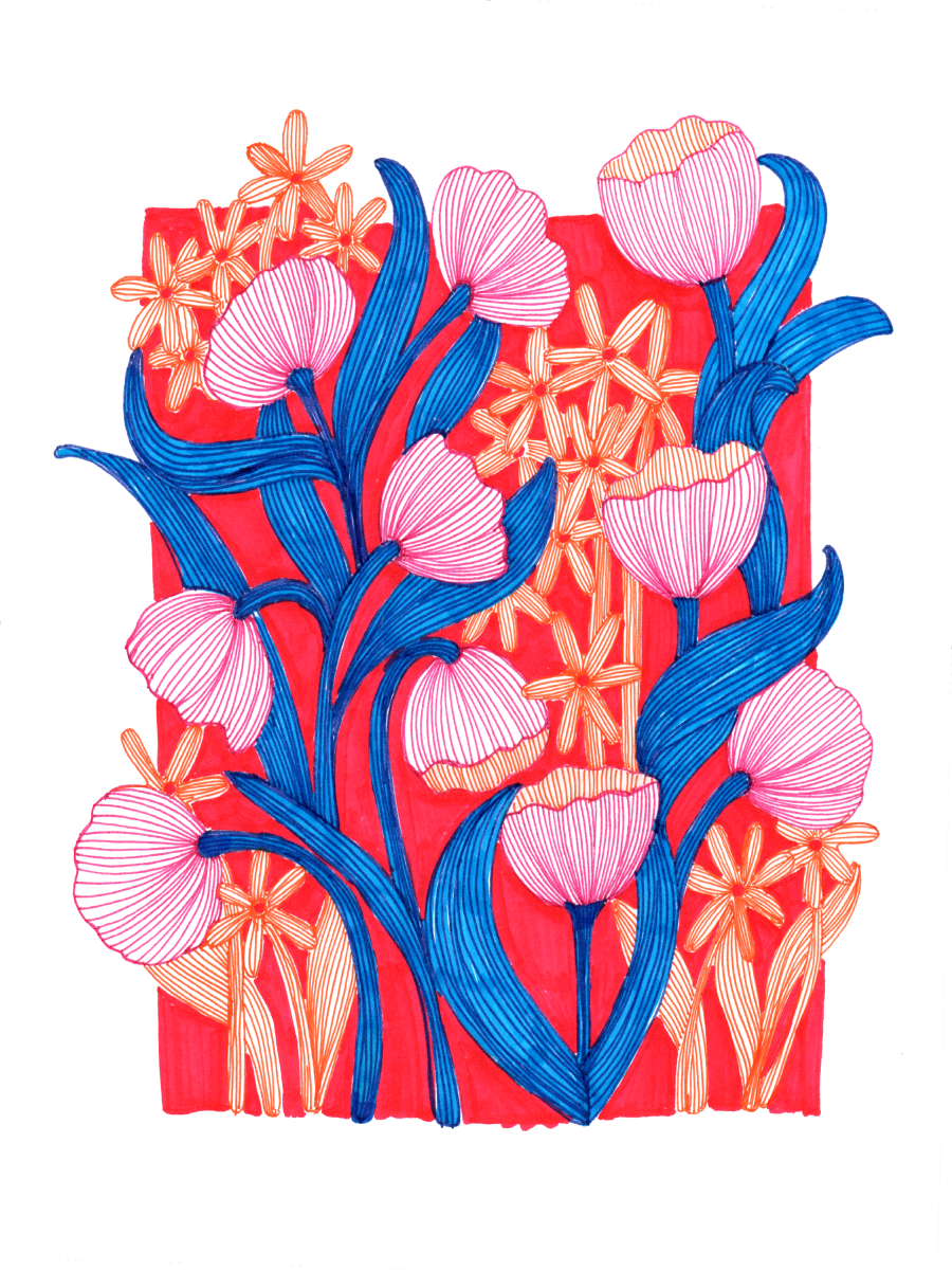 Illustration von roten, blauen und rosa Blumen auf rotem Hintergrund.