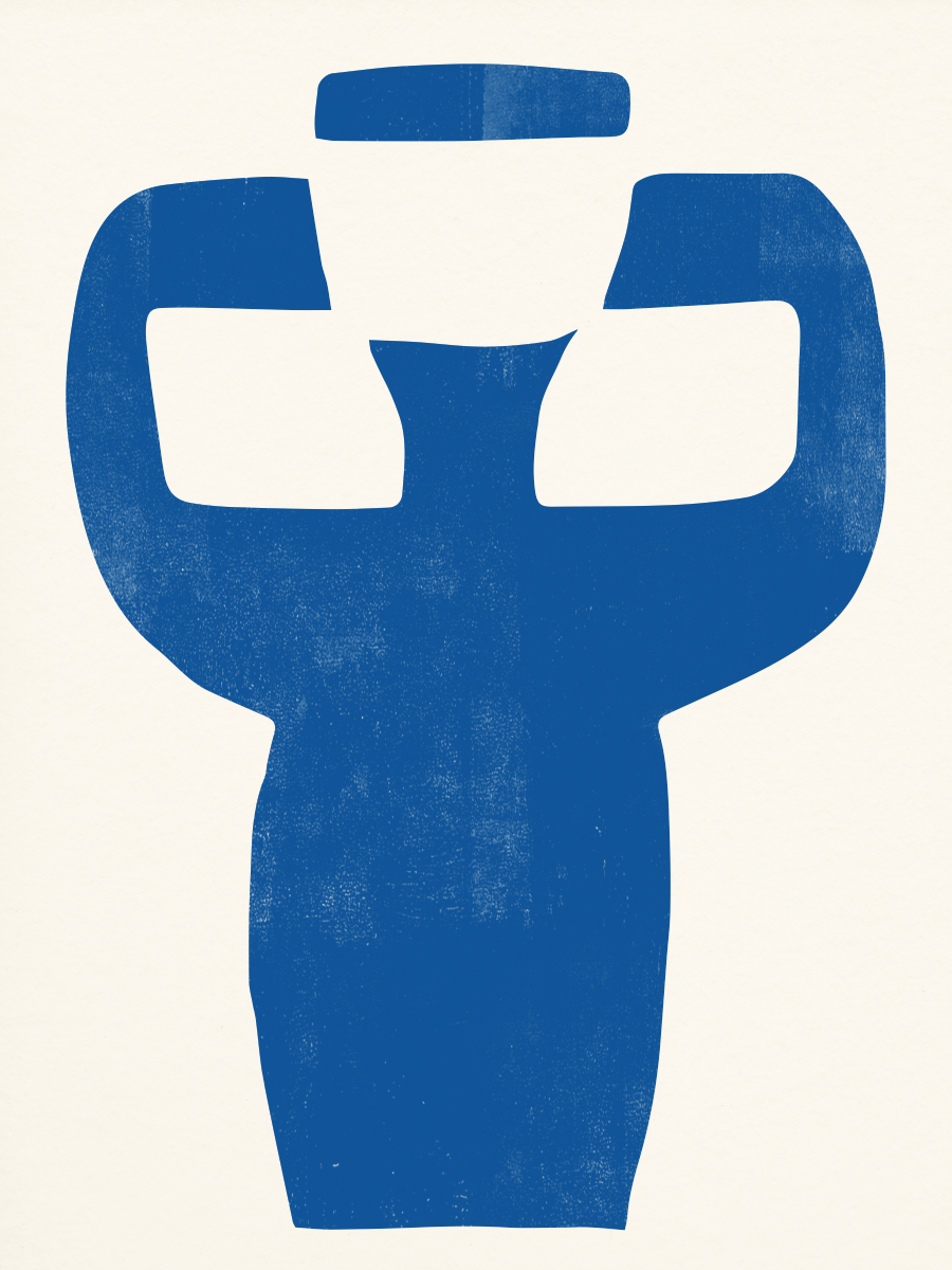 Illustration einer blauen Vase auf weißem Hintergrund.