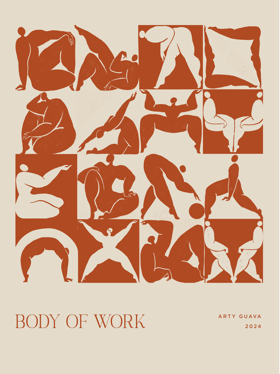 Poster mit roten stilisierten Körpern auf beigem Hintergrund, Titel "Body of Work".