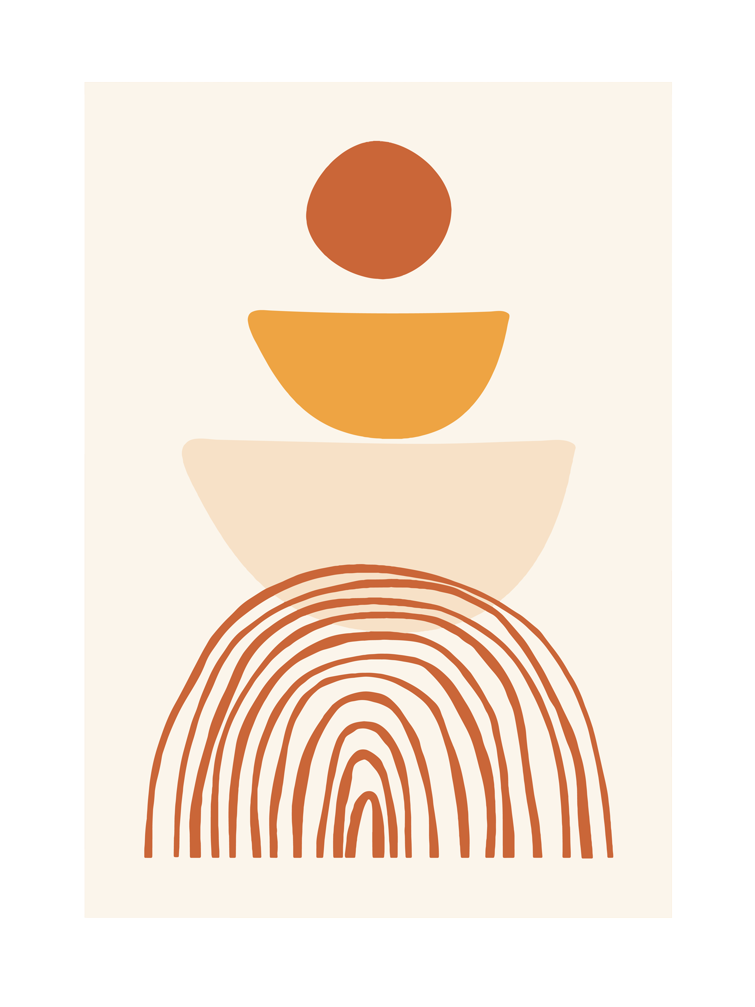 Grafische Illustration mit roten und orangefarbenen Formen auf beigem Hintergrund.