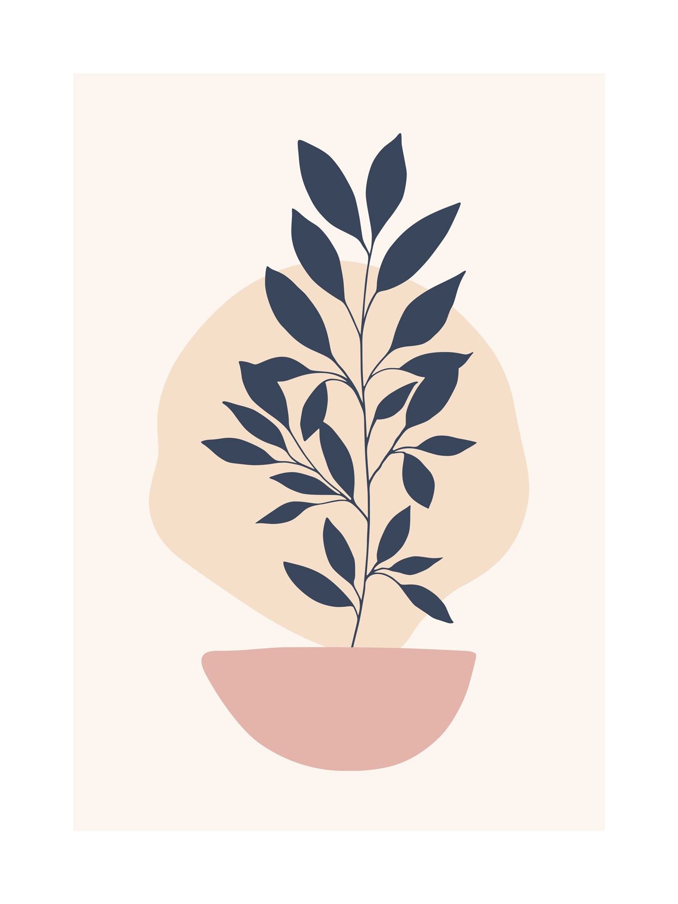 Grafische Illustration einer Pflanze mit dunklen Blättern in einem rosa Topf vor einem beigen Kreis und hellbeigem Hintergrund.