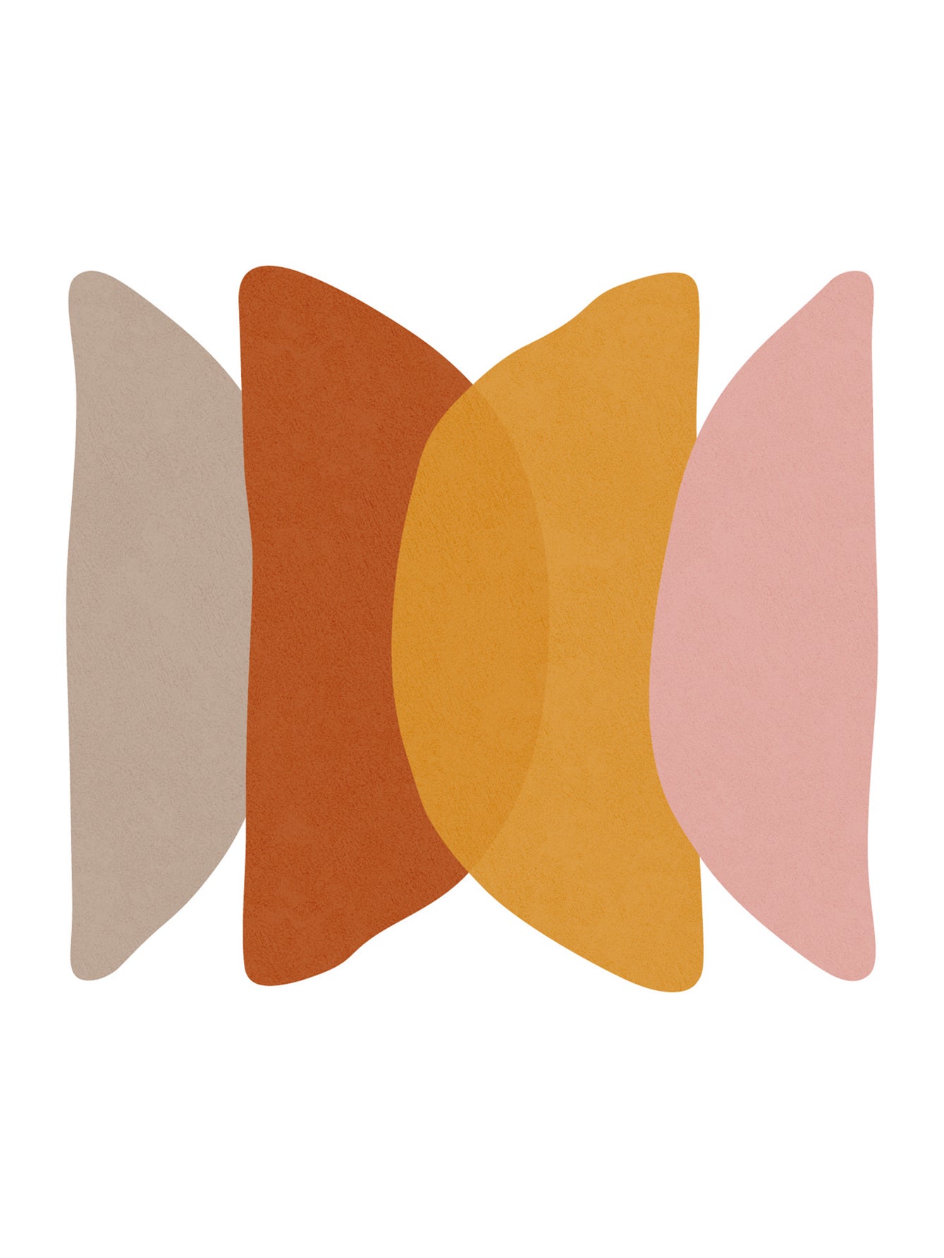 Grafische Illustration mit überlappenden Formen in Orange, Gelb, Rosa und Beige auf weißem Hintergrund.