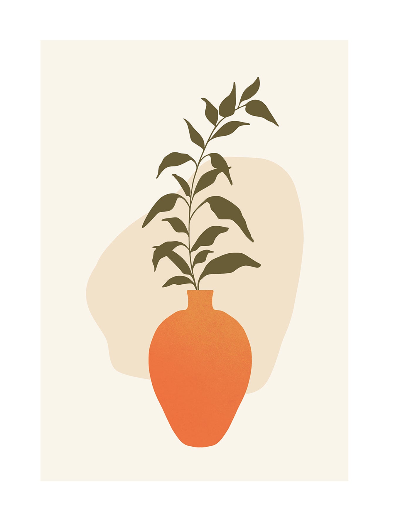 Illustration einer orangefarbenen Vase mit grünen Blättern vor einem beigen Hintergrund.