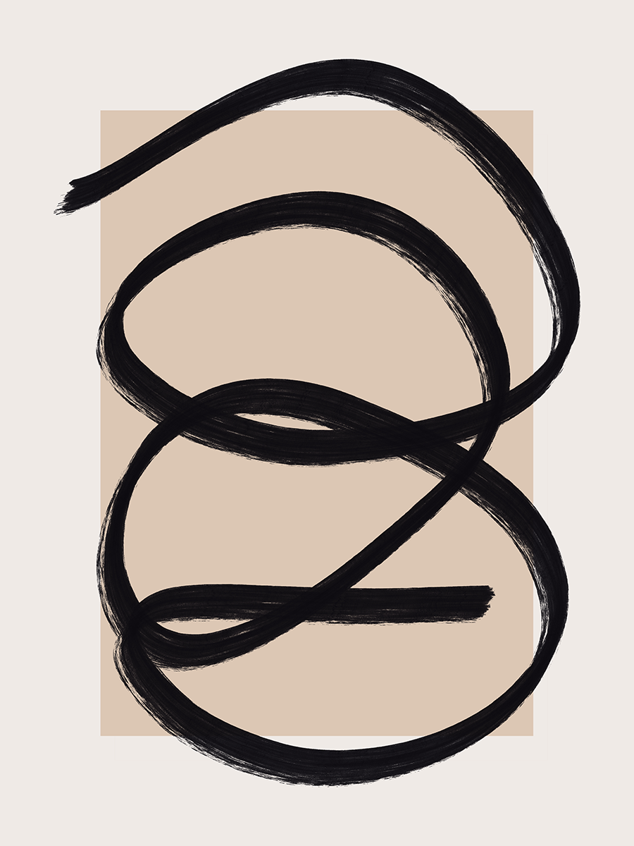 Grafische Illustration mit einer schwarzen, geschwungenen Linie vor einem beigen Quadrat und einem hellgrauen Hintergrund.