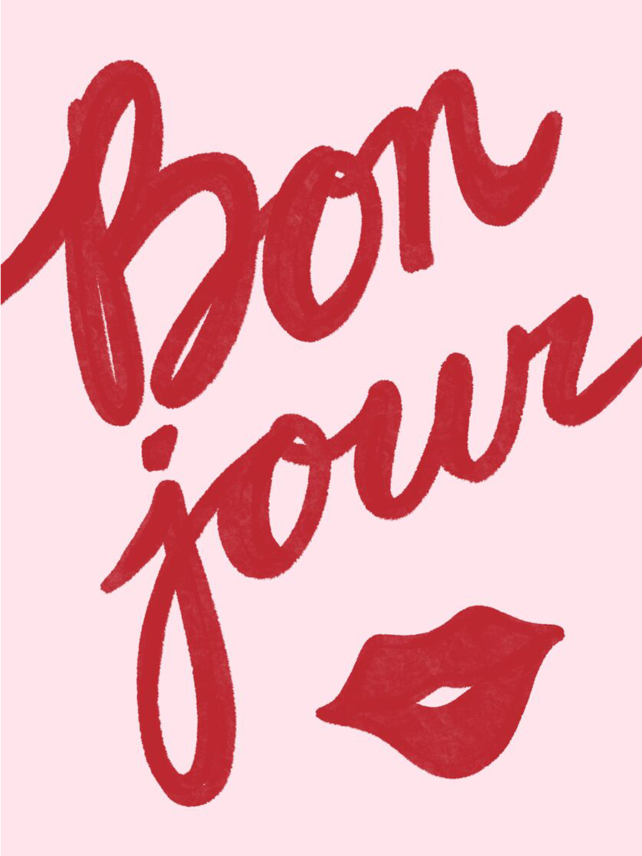 Rote Schrift mit dem Wort Bonjour und einem Kussmund auf rosa Hintergrund.