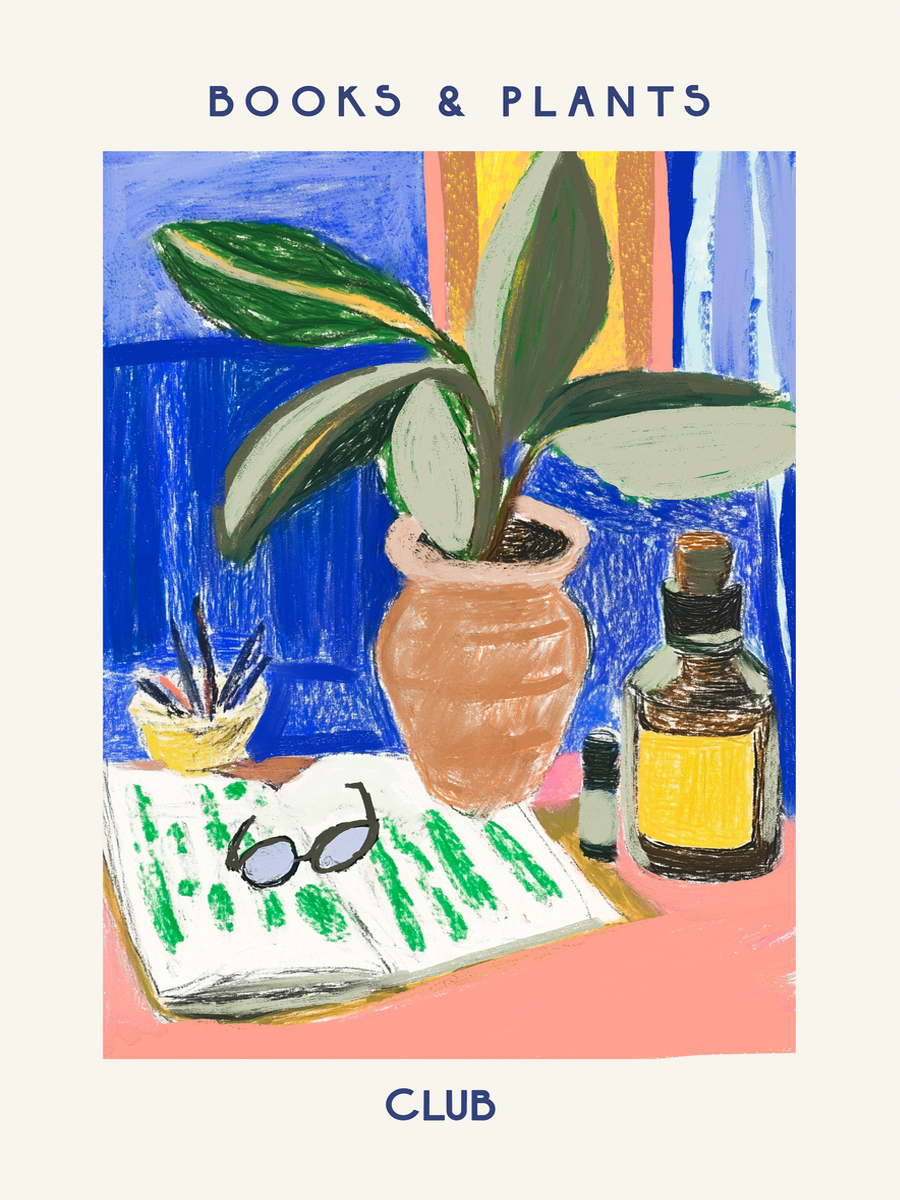 Buntes Poster mit einer Pflanze in einem Tontopf, umgeben von Büchern und einer Brille, mit dem Text "Books & Plants Club".