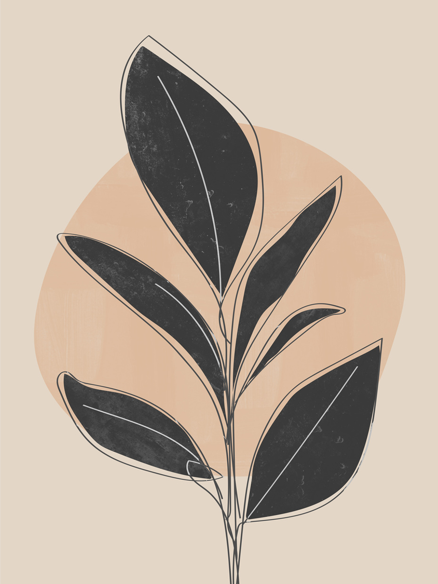 Grafische Illustration eines schwarzen Blattes vor einem beigen Hintergrund mit einem orangefarbenen Kreis.