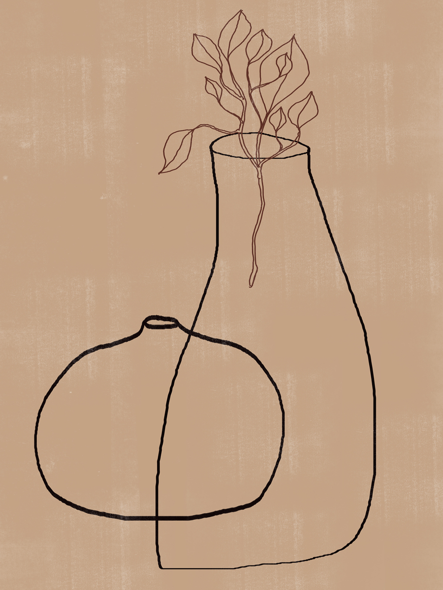 Grafische Illustration von zwei Vasen auf beigem Hintergrund, eine mit Blättern.