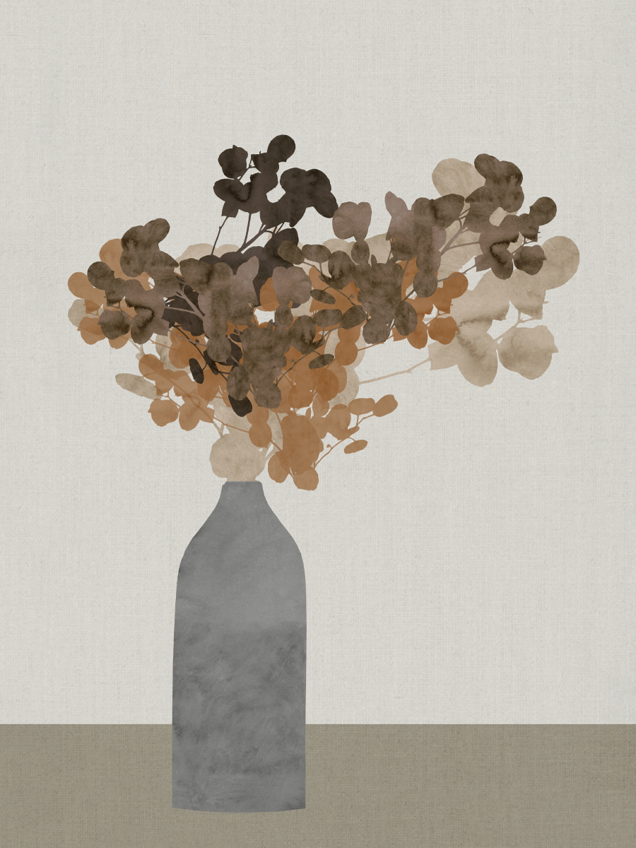 Illustration eines Straußes mit grünen und braunen Blättern in einer dunkelgrauen Vase auf grauem Hintergrund.