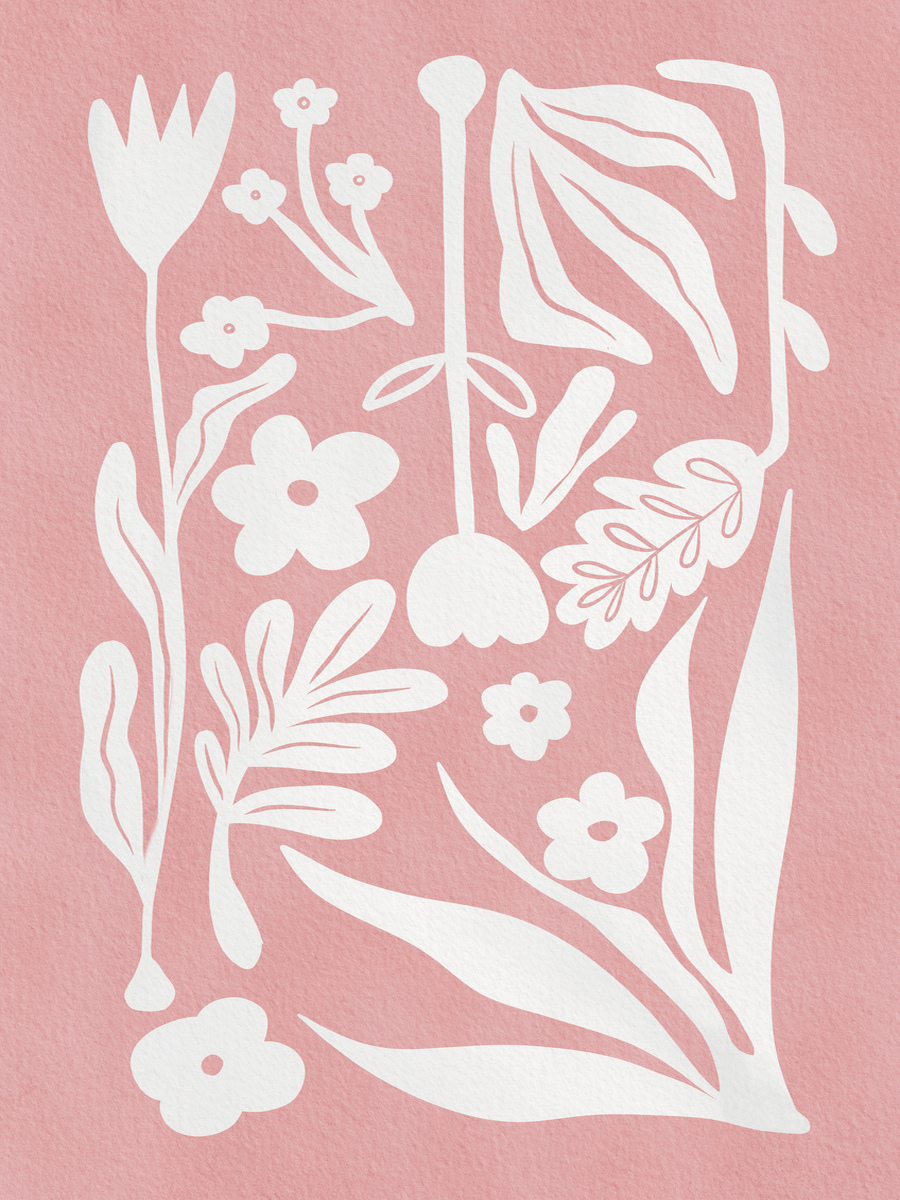 Grafisches Blumenposter mit weißen Blumen und Blättern auf rosa Hintergrund.