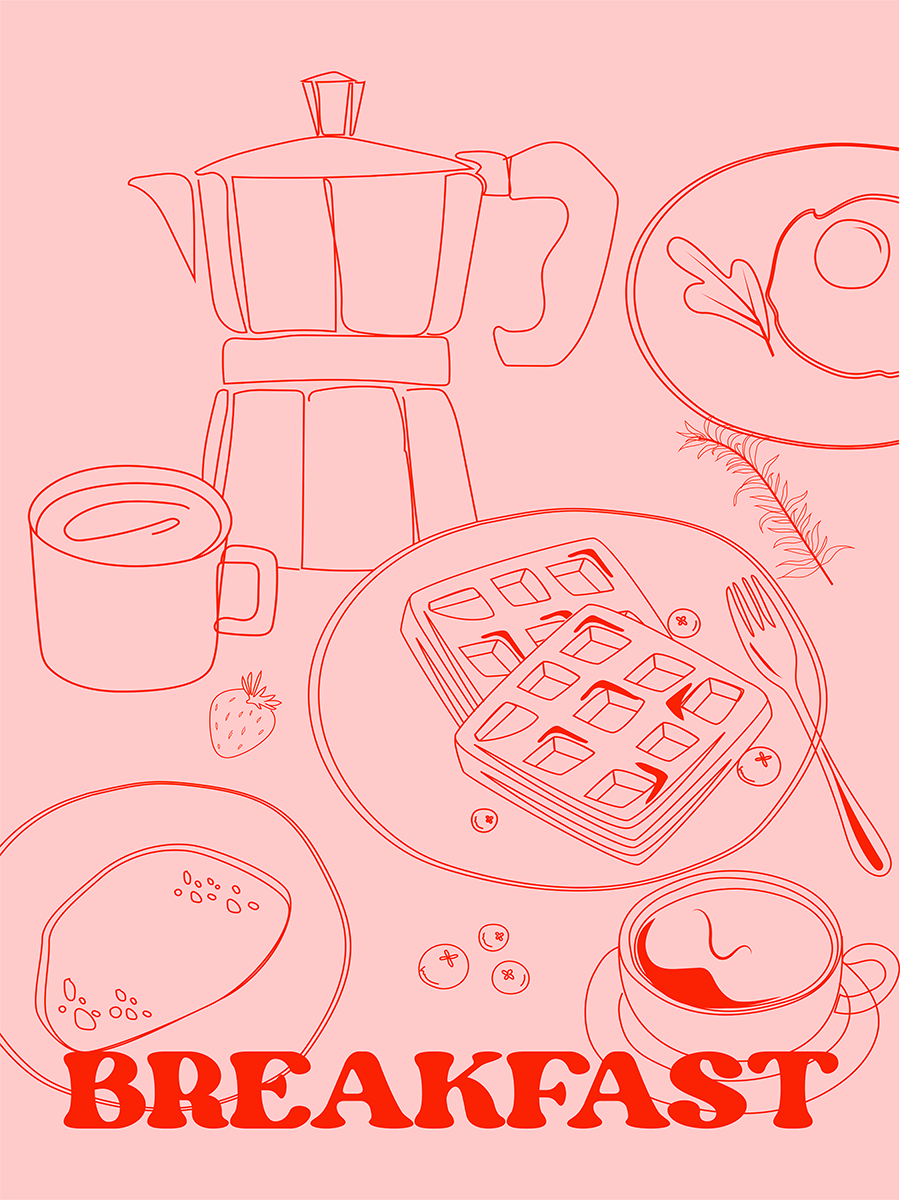 Illustration eines Frühstücks mit Waffeln, Kaffee und Eiern auf rosa Hintergrund.