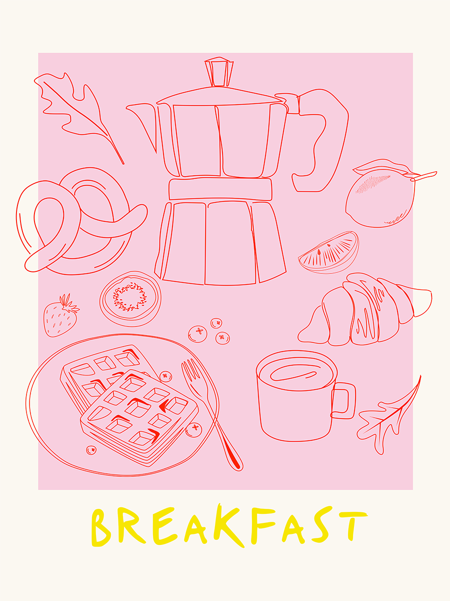Illustration einer Collage mit Frühstücksgegenständen wie Kaffeekanne, Croissant, Brezel und Waffeln auf rosa und beigem Hintergrund.