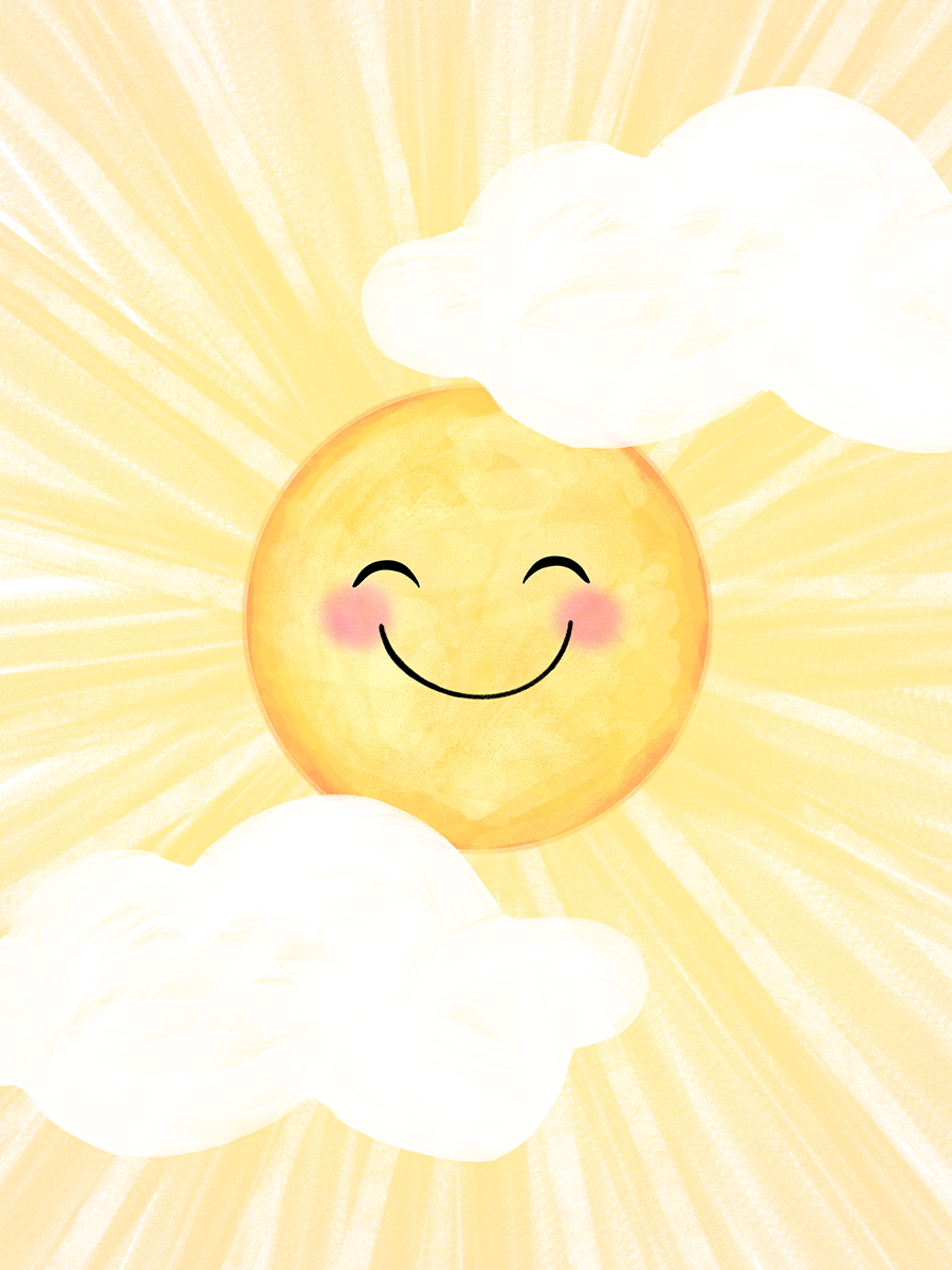 Illustration einer lächelnden Sonne umgeben von weißen Wolken.