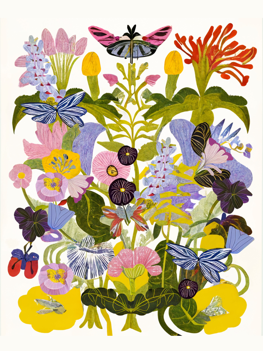 Illustration von bunten Schmetterlingen und Blumen auf einer Wiese.