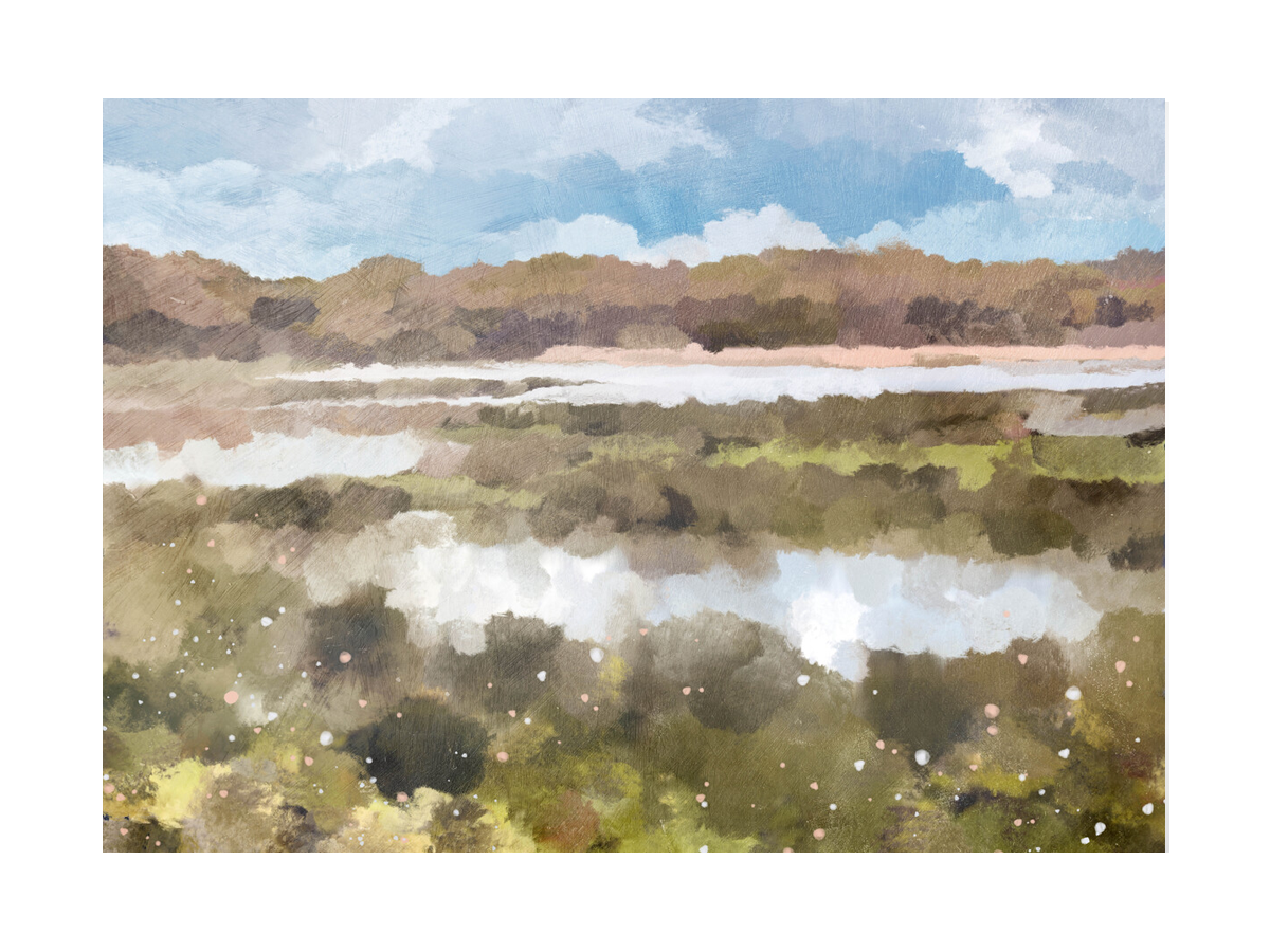 Handgemaltes Poster einer ruhigen Landschaft mit Fluss, Bäumen und blauem Himmel.