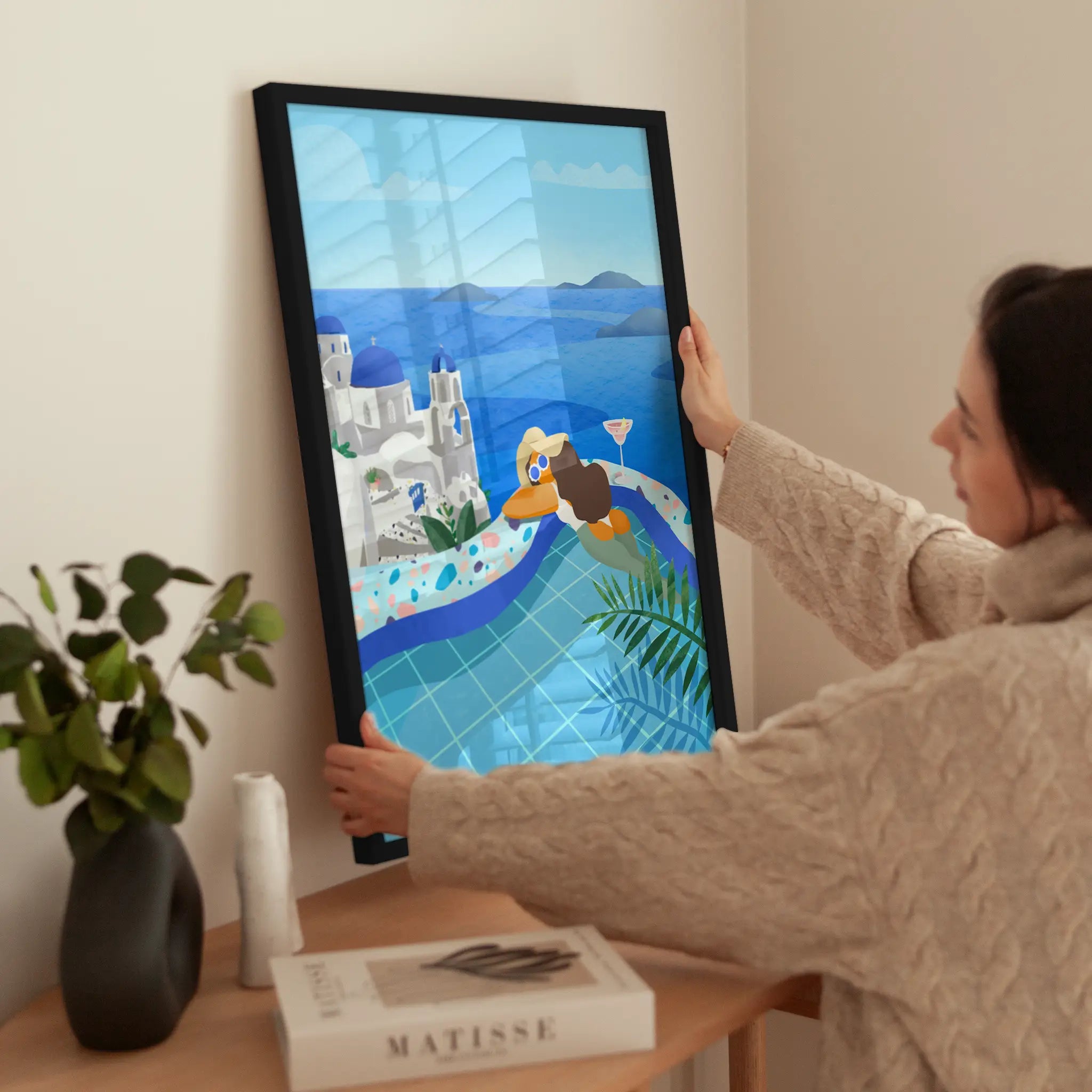 Cartoon Santorini View wird aufgehängt