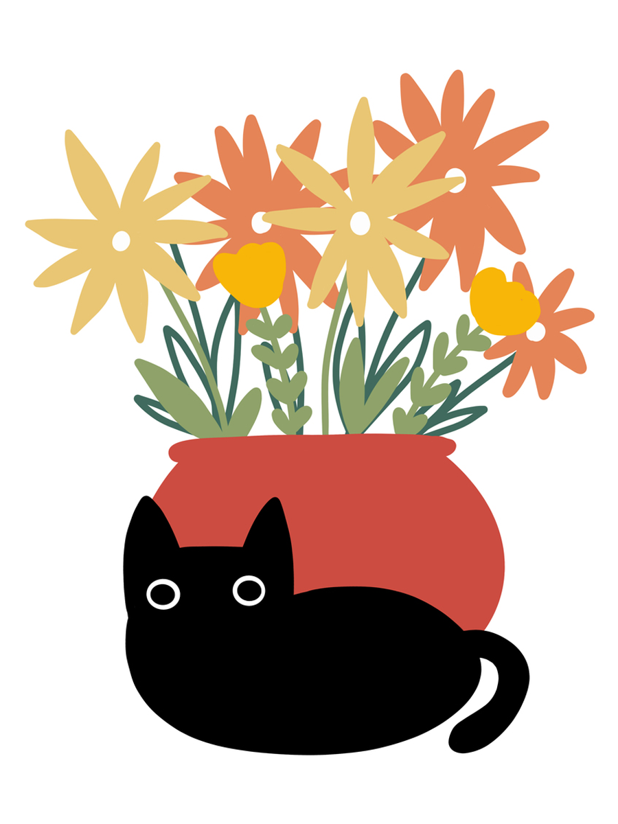 Grafische Illustration einer schwarzen Katze vor einer roten Blumenvase mit gelben und orangefarbenen Blumen auf weißem Hintergrund.
