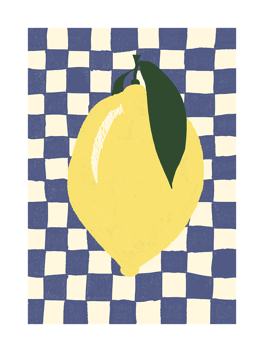 Grafische Illustration einer gelben Zitrone mit grünem Blatt auf blau-weiß kariertem Hintergrund.