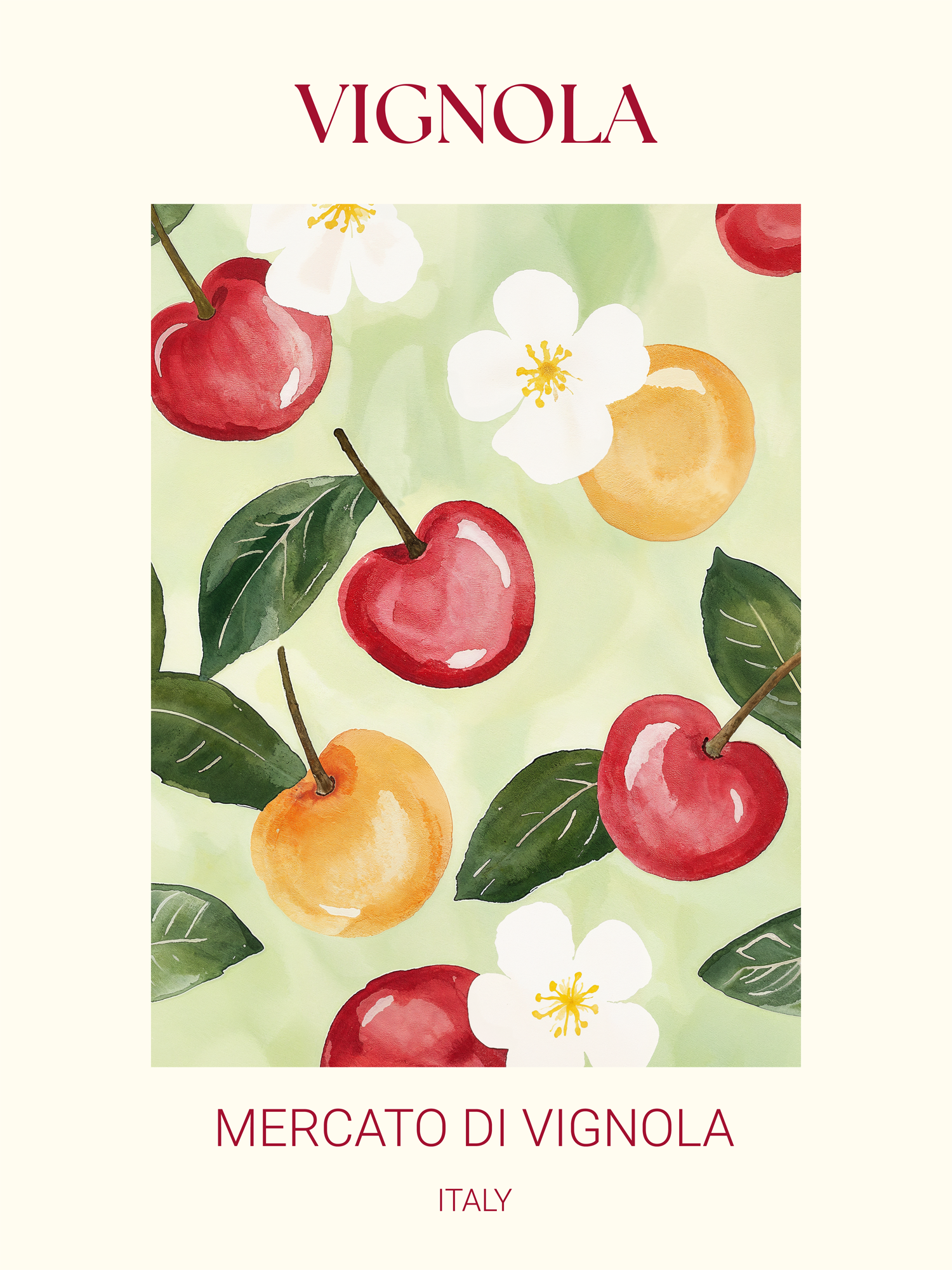 Poster mit Kirschen, Blättern und Blüten auf hellgrünem Hintergrund, mit den Worten "Vignola" und "Mercato di Vignola Italy".