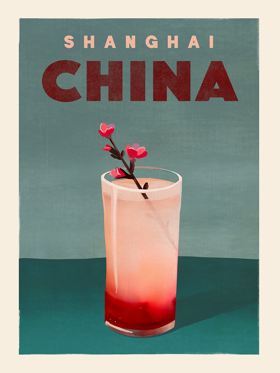 Poster mit einem rosa Getränk und rosa Blumen vor einem grünen Hintergrund, mit den Worten Shanghai China.
