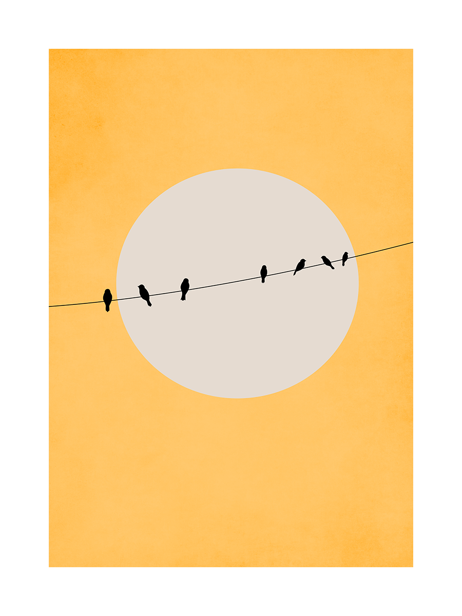 Grafische Illustration von Vögeln auf einer Stromleitung vor einer grauen Sonne auf gelbem Hintergrund.
