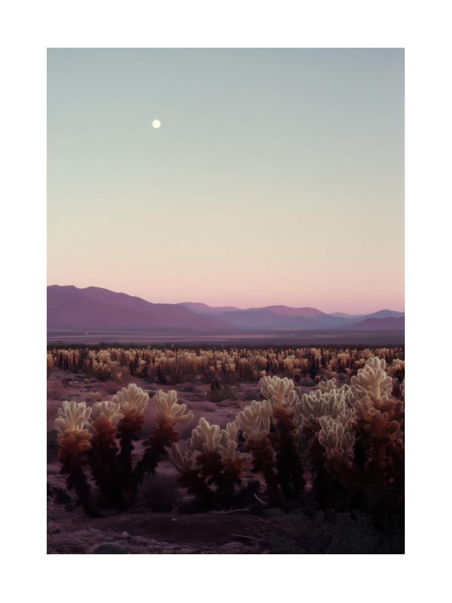 Fotografie von Cholla-Kakteen in der Wüste mit Bergen und Mond im Hintergrund.