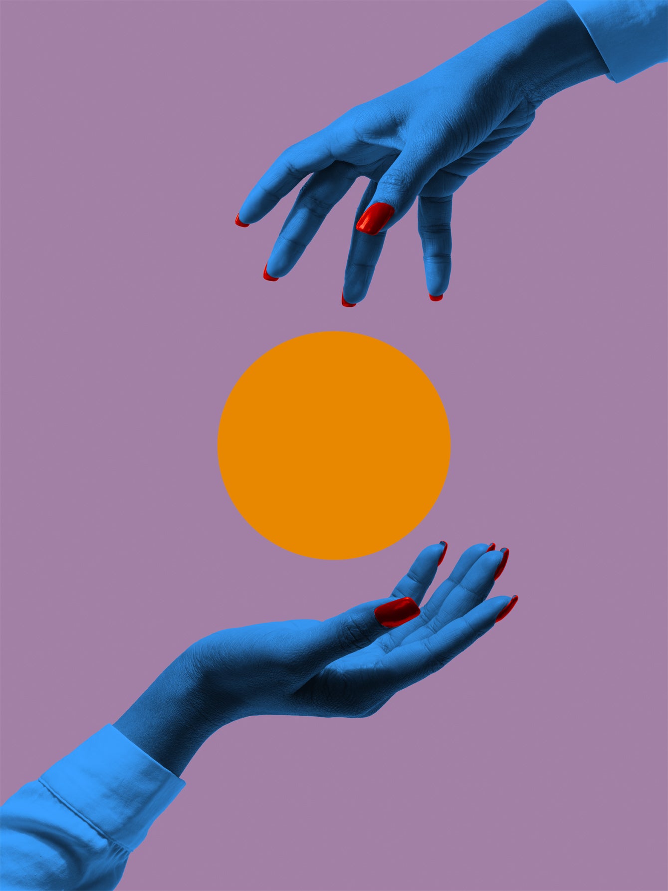 Grafische Illustration von zwei blauen Händen mit roten Nägeln, die einen orangefarbenen Ball vor einem lila Hintergrund halten.