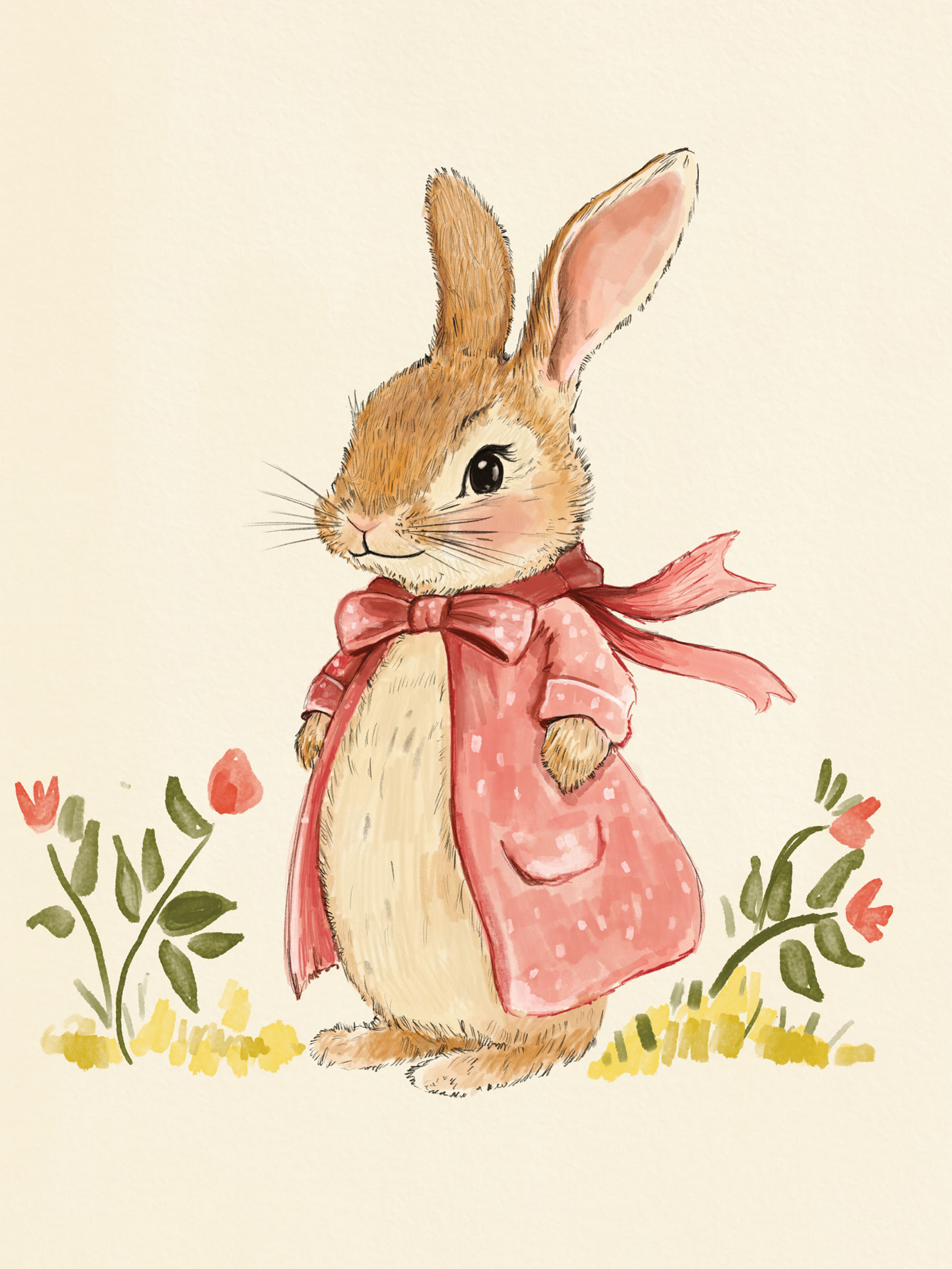 Illustration eines Kaninchens in einem rosa Mantel mit Blumen auf beigem Hintergrund.