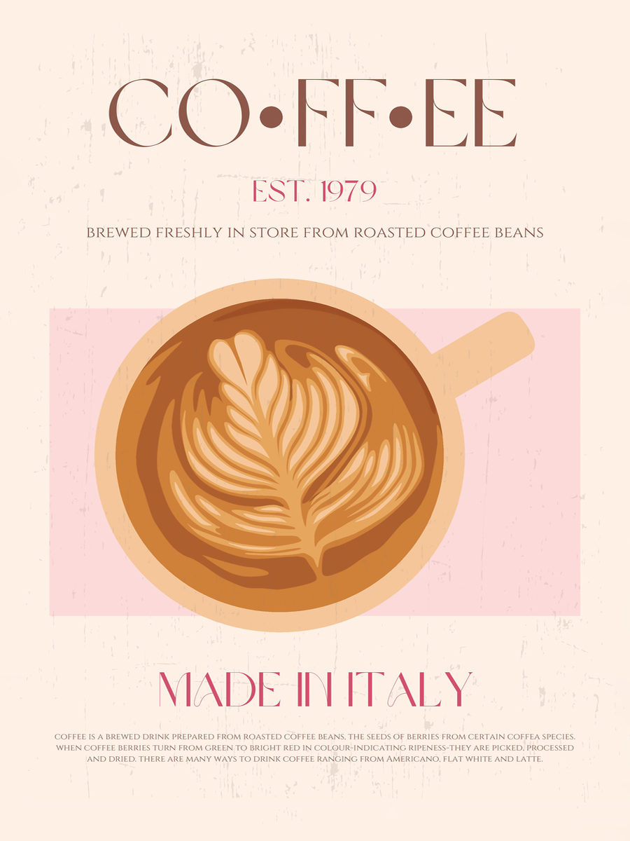 Illustration einer Kaffeetasse mit Latte Art auf einem hellrosa Hintergrund und Text über Kaffee.