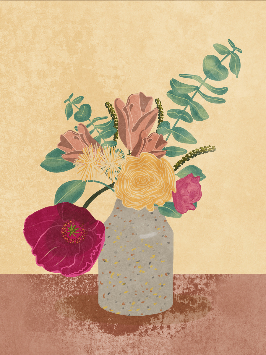 Illustration eines bunten Blumenstraußes in einer Vase mit gelbem Hintergrund.