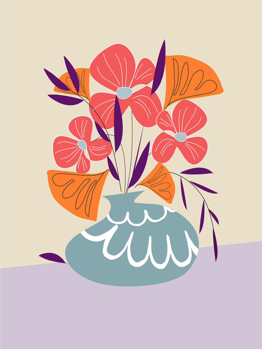 Illustration einer Vase mit bunten Blumen vor einem hellen Hintergrund.