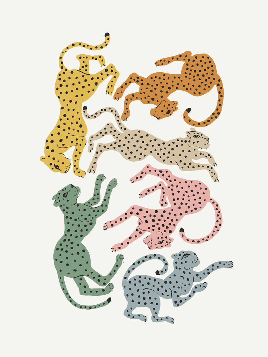 Sechs bunte Leoparden in verschiedenen Farben auf einem Poster.
