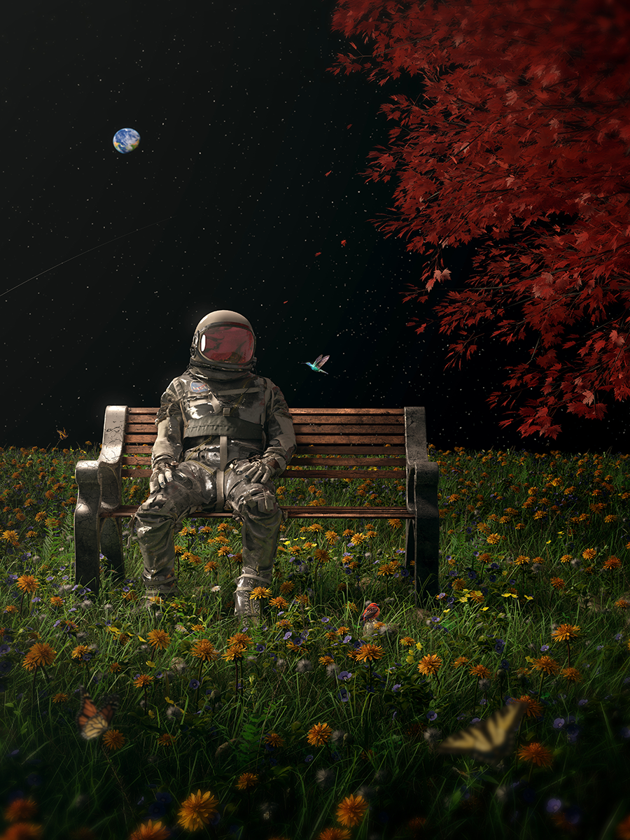 Ein Astronaut sitzt auf einer Parkbank in einer blühenden Wiese mit einem roten Baum und der Erde im Hintergrund.