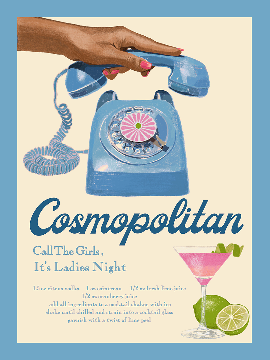 Poster mit einem Rezept für einen Cosmopolitan-Cocktail, eine Hand hält ein blaues Telefon, Retro-Look.
