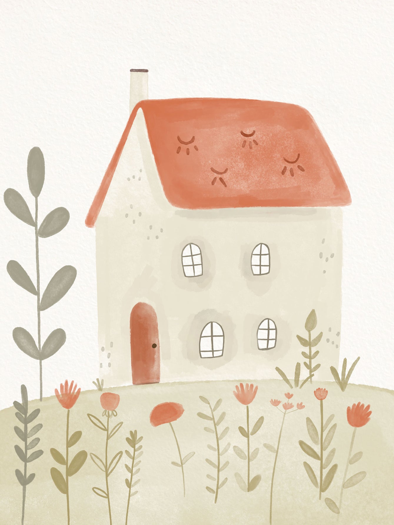 Illustration eines Hauses mit rotem Dach und roten Blumen im Garten.