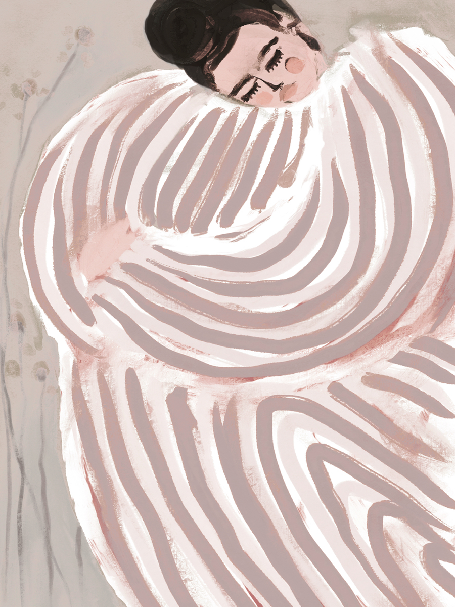 Illustration einer Frau in einem gestreiften Kleid vor einem grauen Hintergrund.