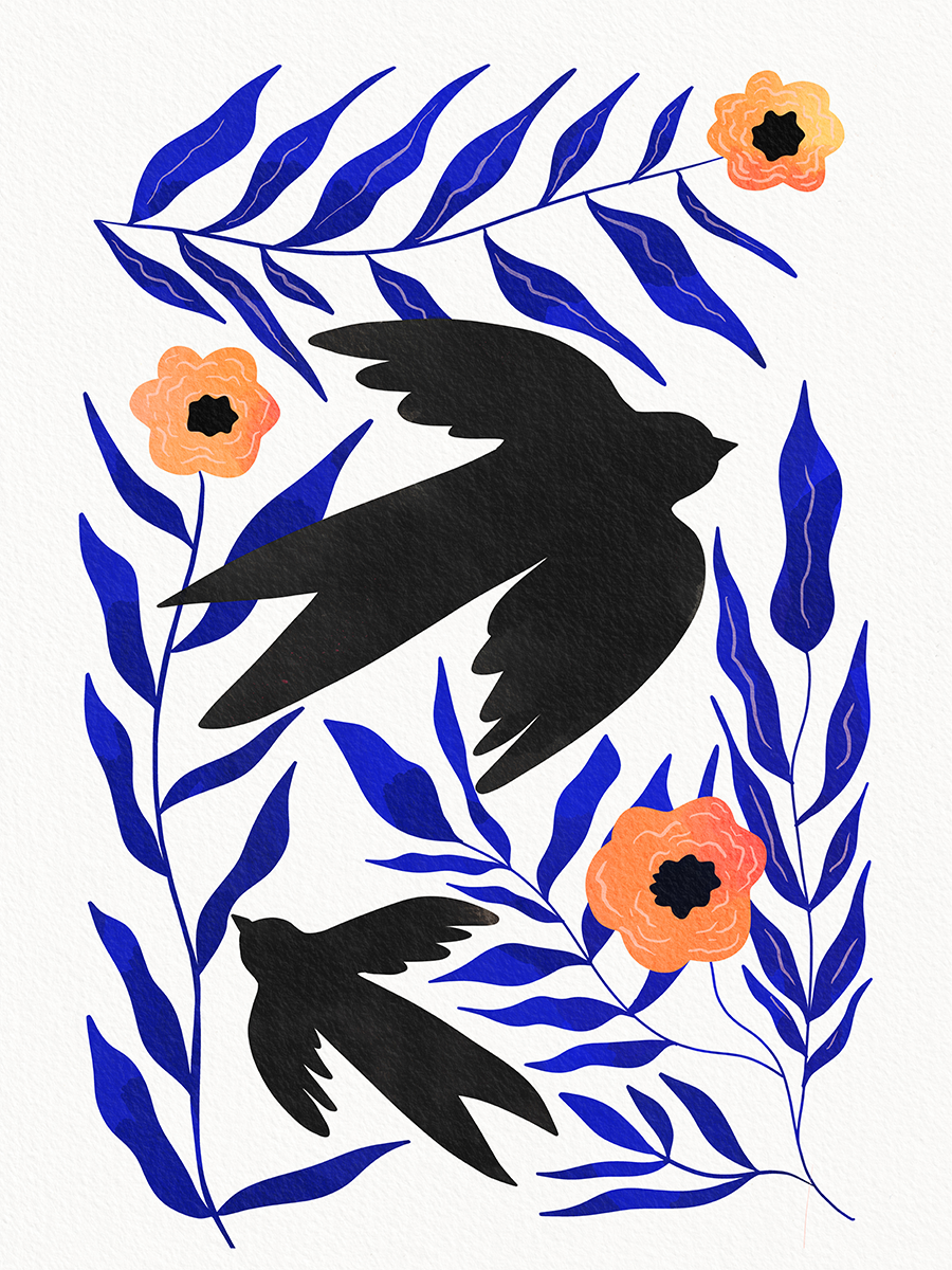 Grafische Illustration von zwei schwarzen Vögeln, umgeben von blauen Blättern und orangefarbenen Blumen.