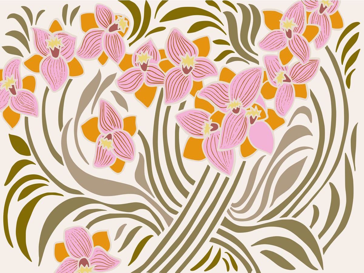 Illustration von rosa und orangefarbenen Cymbidium-Blumen mit grünen Blättern auf beigem Hintergrund.